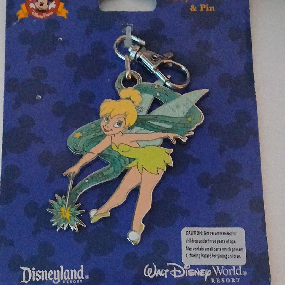 Disney Tinker Bell Green and Silver Keychain And Lanyard Pin.